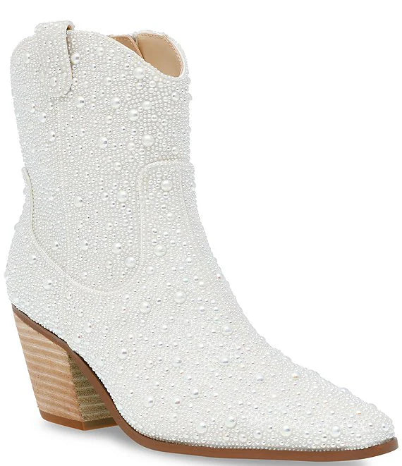 Blue by Betsey Johnson Diva Bridal Pearl Embellished Western Booties - Size 9.5