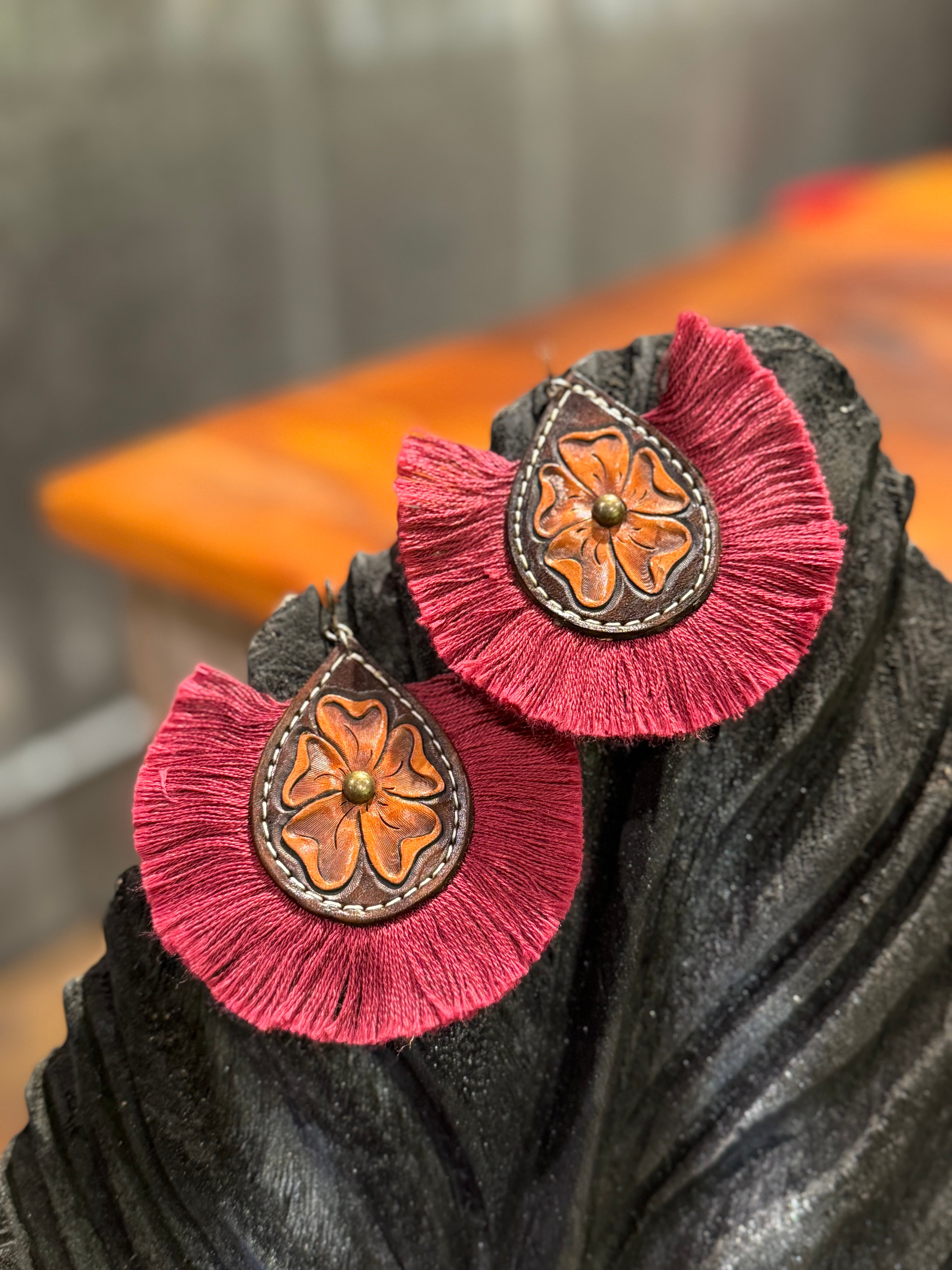 Hand Tooled Fringe Earrings with Copper Detail