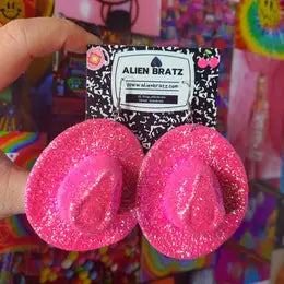 Hot Pink Glitter Hat Earrings
