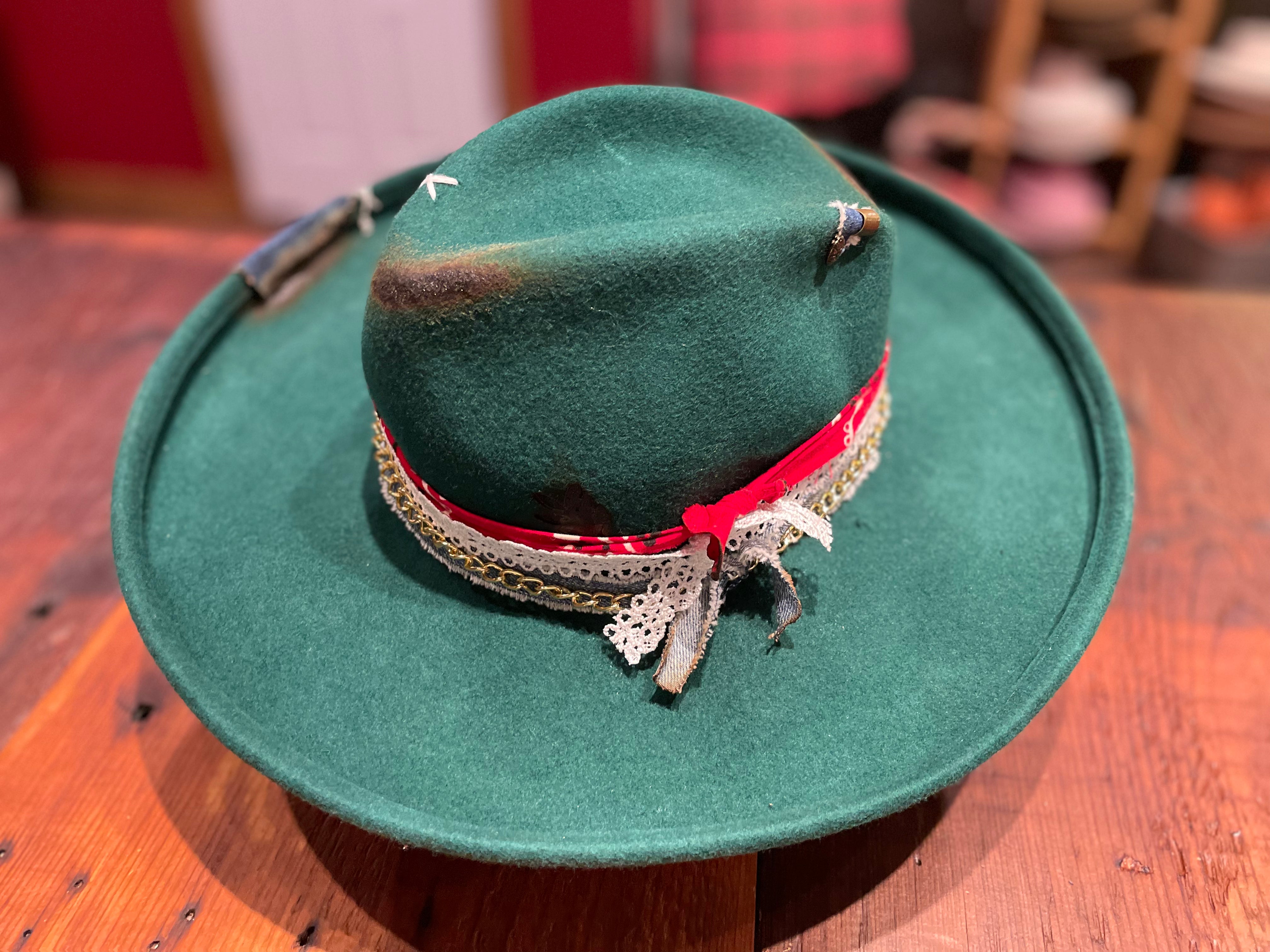 Custom Green Branded + Burned 100% Wool Wide Brim Hat