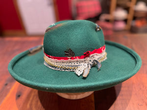 Custom Green Branded + Burned 100% Wool Wide Brim Hat