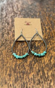 Navajo Pearl Teardrop Earrings with Genuine Turquoise Nuggets