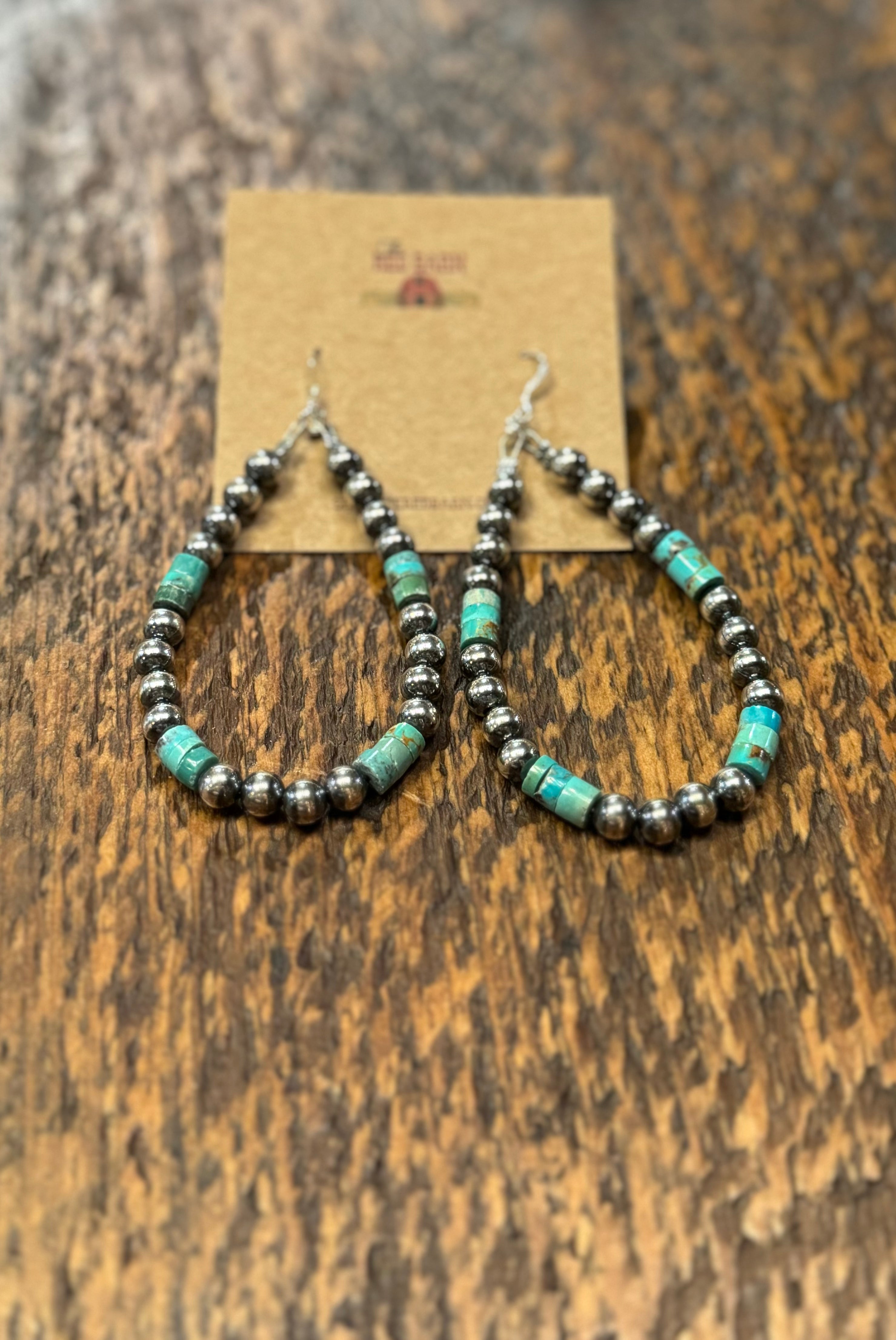 Genuine Turquoise Teardrop Earrings with Navajo Pearls