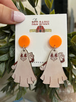 Load image into Gallery viewer, Vintage Pumpkin + Silly Face Ghost Earrings

