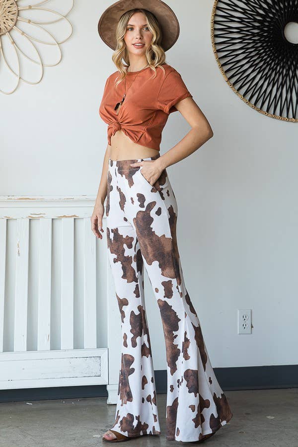 Brown Cow Print Flared Pants