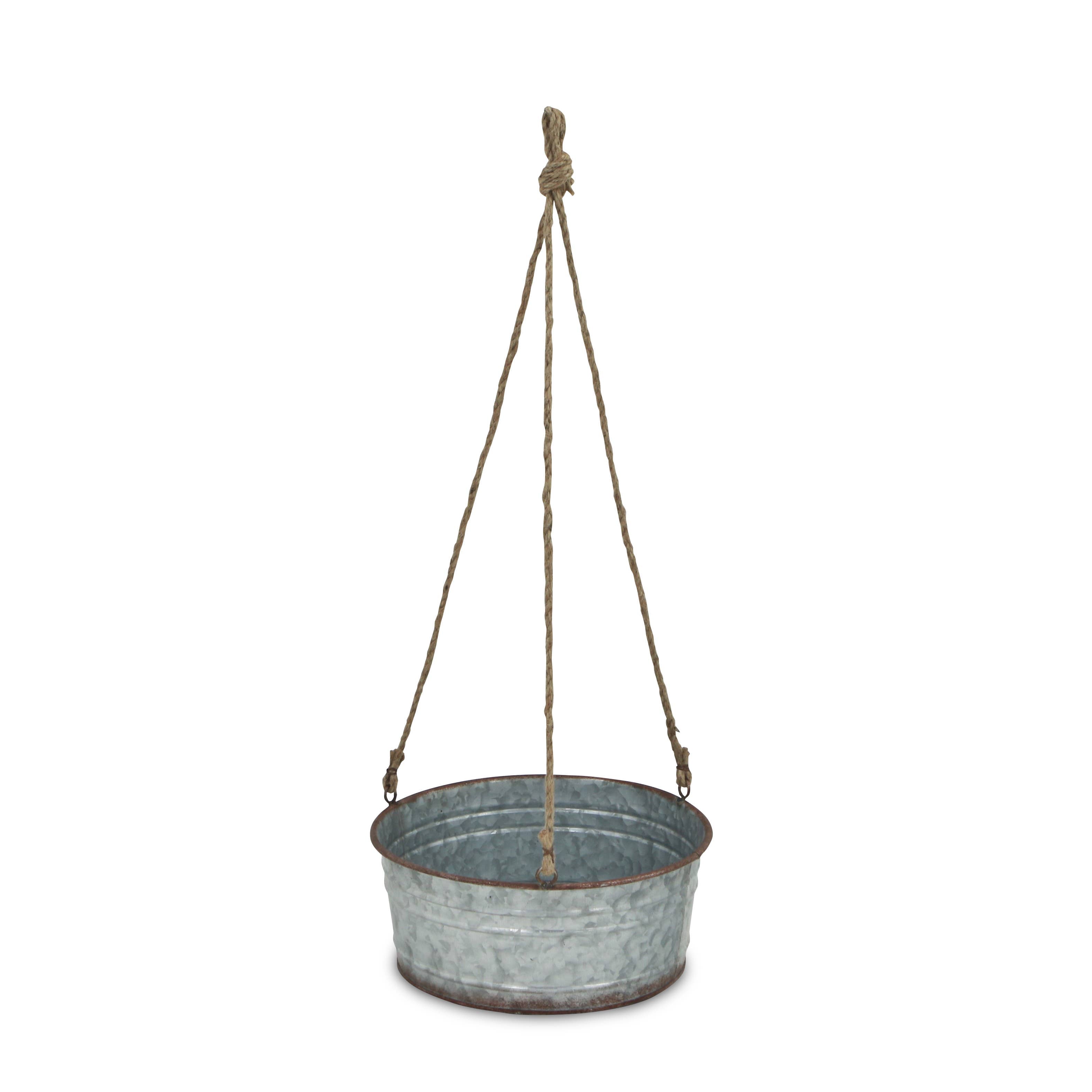 Large Galvanized Round Metal Hanging Planter With Rope