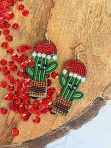 Santa Hat Cactus Beaded Dangle Earrings