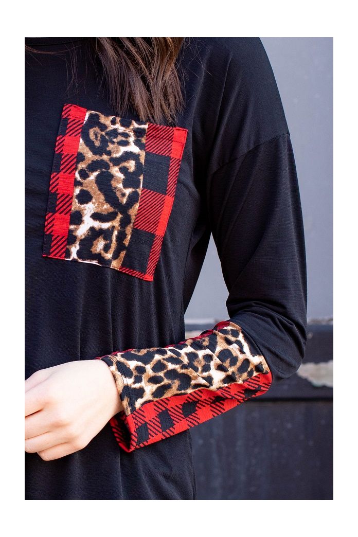 Buffalo Plaid + Leopard Pocket/Sleeve Top