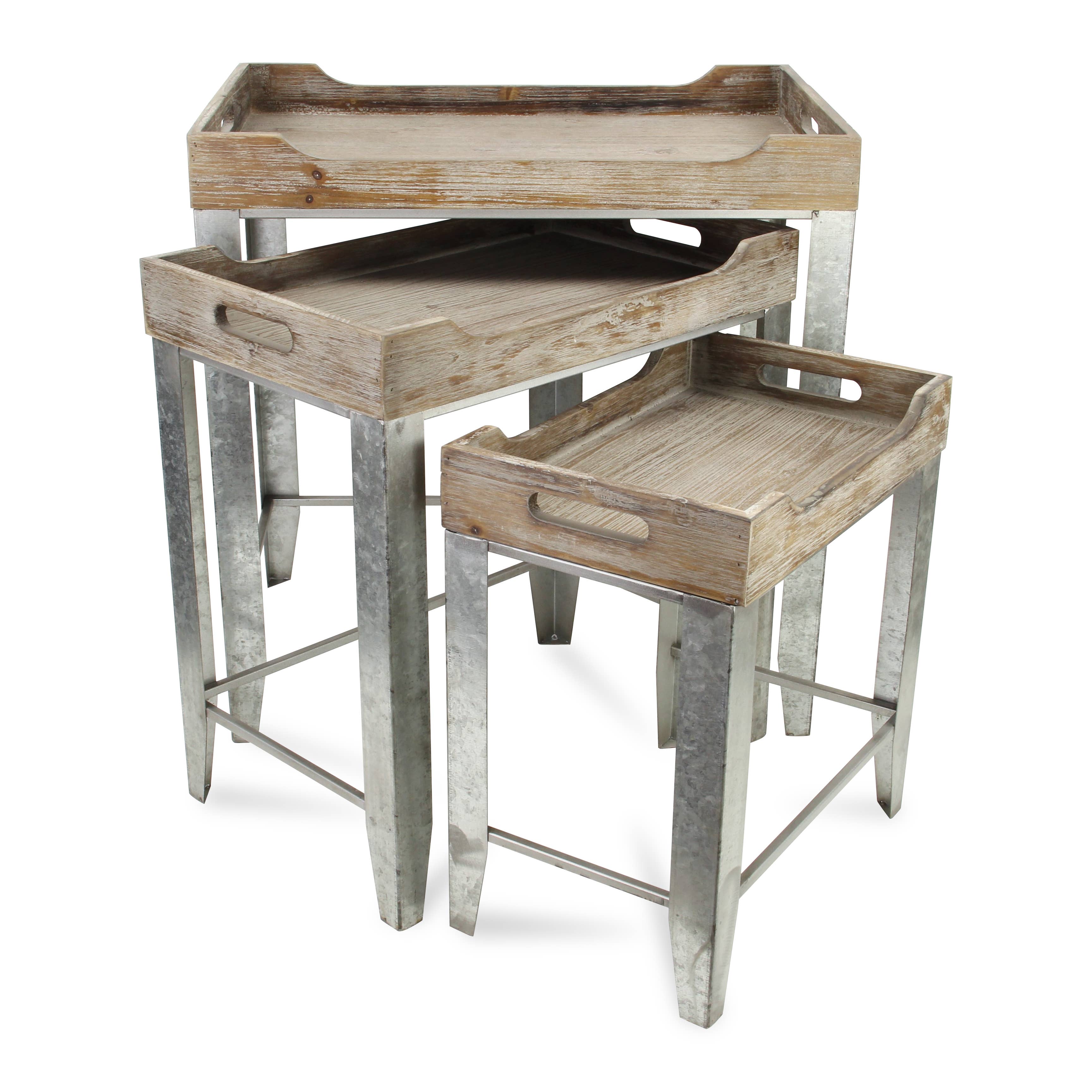 Set of 3 Gray Wash Wood Top Nesting Tables