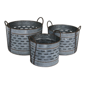 Set of 3 Slatted Metal Bucket with Side Handles