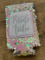 Load image into Gallery viewer, Bride Tribe Iridescent Sequin Slim Can Koozie

